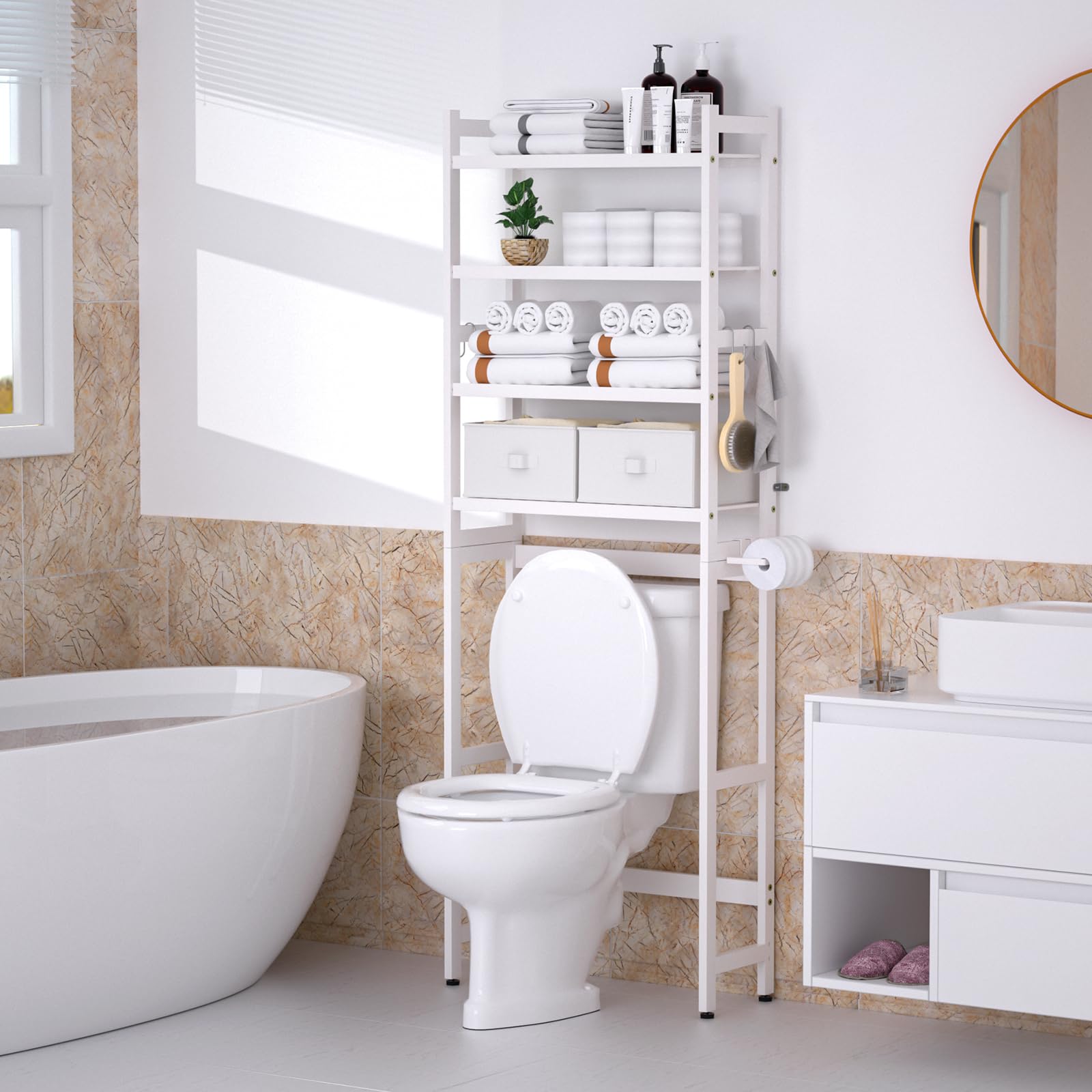 Cozivolife Over The Toilet Storage: 4-Tier Bamboo Organizer Rack with 2 Baskets & Paper Holder & 4 Hooks & Waterproof Feet Pad, Adjustable Freestanding Shelf for Bathroom (Brown)