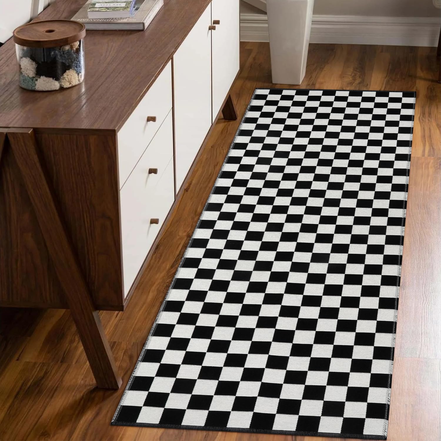 Seavish Checkered Rug, 2x3 Ft Black and White Moroccan Checkerboard Rug Washable Cotton Woven Washable Outdoor Rugs Reversible Floor Mat for Front Door Bedroom Entryway Kitchen Entryway