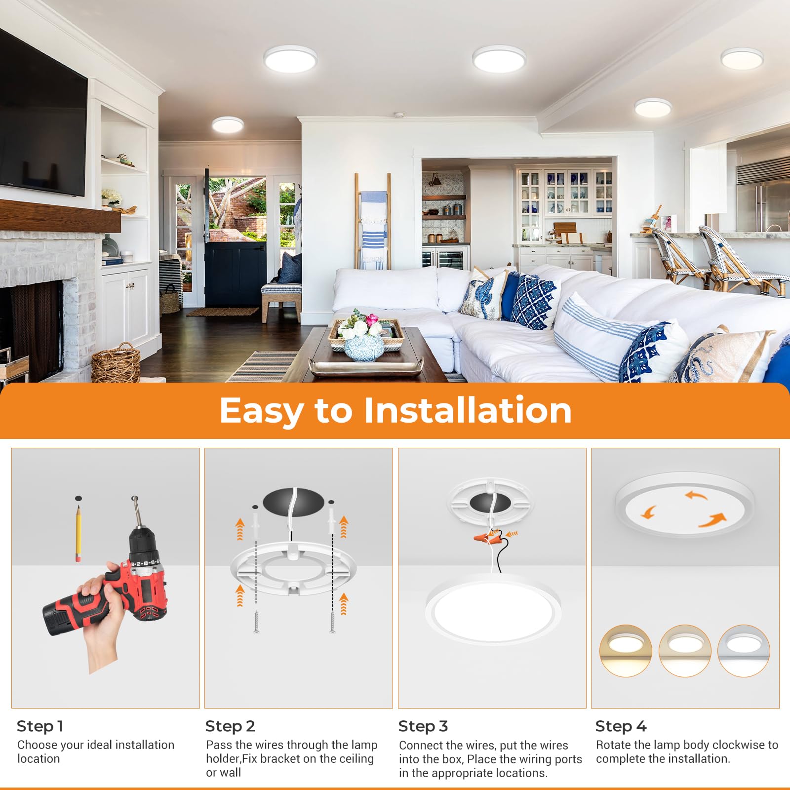 1PACK LED Flush Mount Ceiling Light Fixture, 3000K-4000K-6500K & 100W Equivalent Modern Kitchen Ceiling Lamp 15W 1500Lm 7.5 Inch Closet Round Surface for Bathroom Laundry Bedroom Hallway, Black