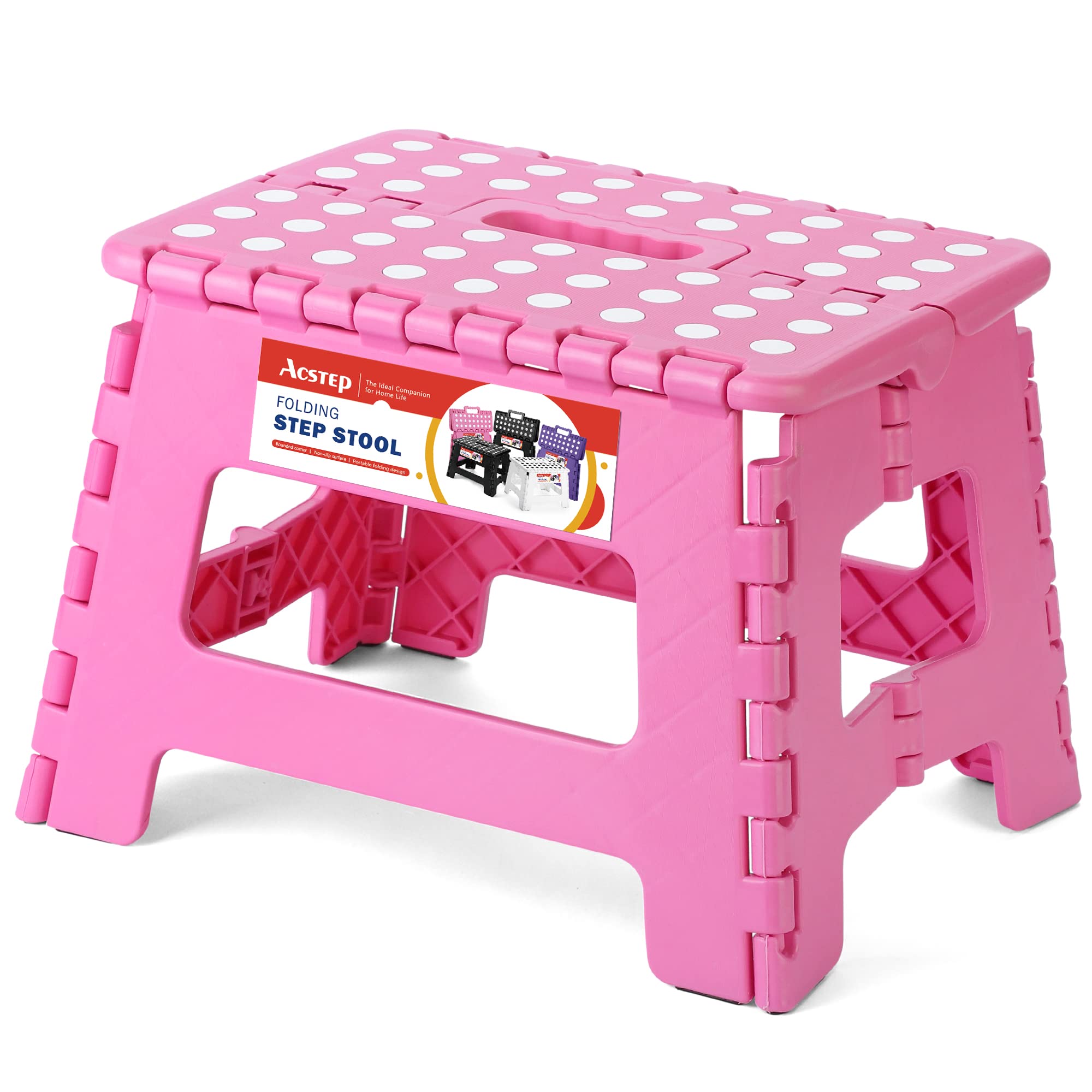 ACSTEP 9 Inch Folding Step Stool 300 LB Capacity Plastic Foldable Step Stools for Kids and Adults, Folding Stool Suitable for Kitchen, Stepping Stool with Handle Bicolor Green Small Step Stool 1PC