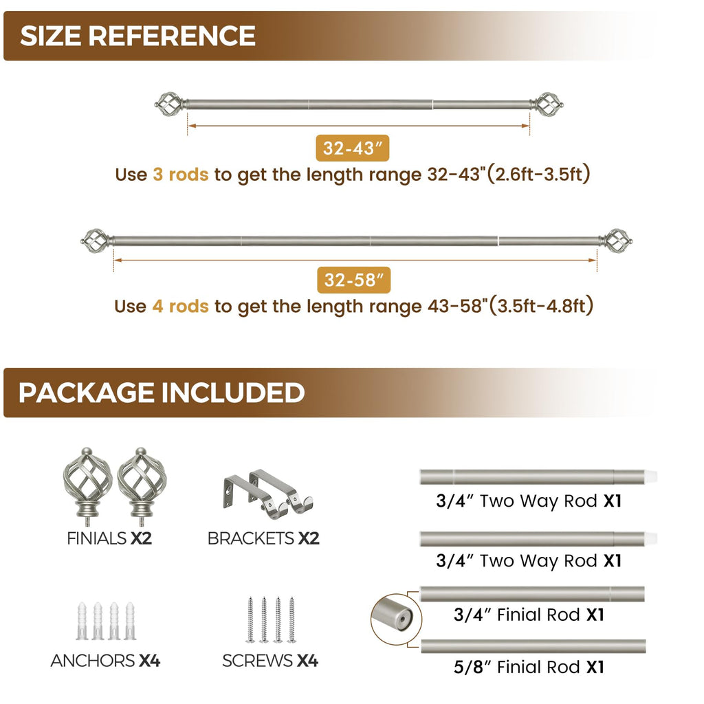KAMANINA Silver Curtain Rod 32 to 58 Inch(2.6-4.8ft), Adjustable Curtain Rods for Windows 28 to 48 Inch, 3/4 Inch Splicing Drapery Rods with Twisted Cage Finial