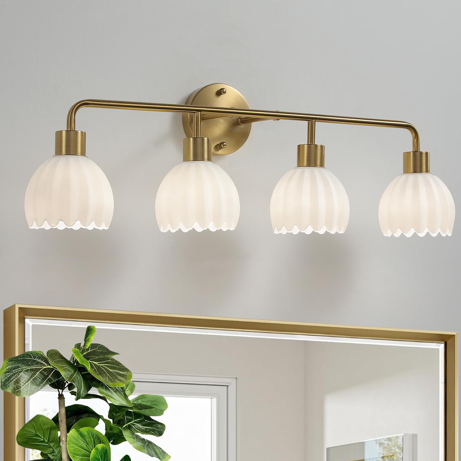 1-Light Gold Brass Bathroom Light Fixture,Wall Sconces set of 2,Brushed Gold Vanlity Light Over Mirror,Bathroom Vanity Light with White Tulip Glass Flower Shade,E26 Socket(Bulbs Not Included)