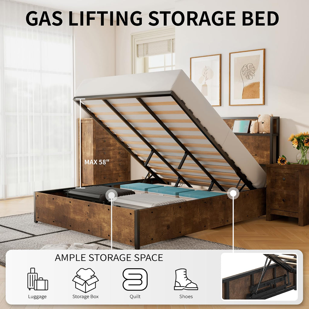 LUXOAK Full Size Lift Up Storage Bed, Wood Platform Bed Frame with Storage Headboard & Charging Station, No Box Spring Needed, Easy Assembly, Black