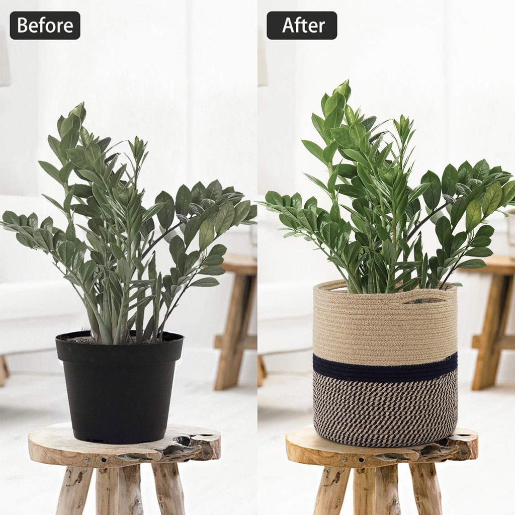 TIMEYARD Sturdy Jute Rope Plant Basket Modern Woven Basket up to 7.5 Inch Flower Pot Floor Indoor Planters, 8” x 8” Storage Organizer Baskets Rustic Home Decor, Black Stripes