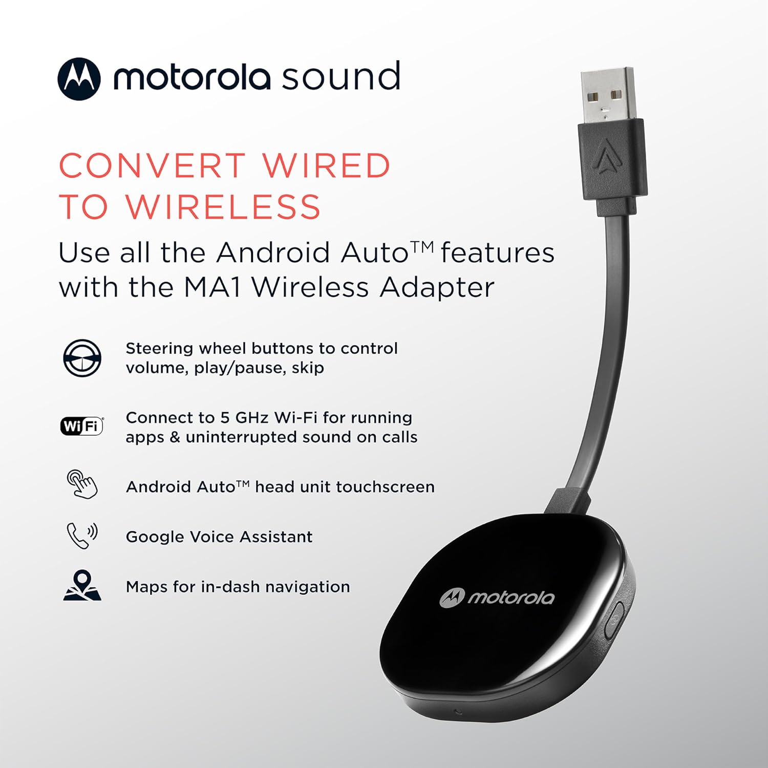 Motorola Sound MA1, the Only Google Authorized Wireless Android Auto Car Adapter, Smartphone to Screen Wireless Bridge Car Accessories, USB Type-A