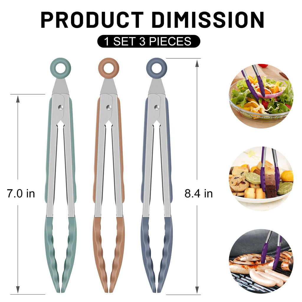 Hotec Mini Silicone Kitchen Tongs for Cooking - 7-Inch Small Serving Tongs with Silicone Tips, Set of 3 (Black)
