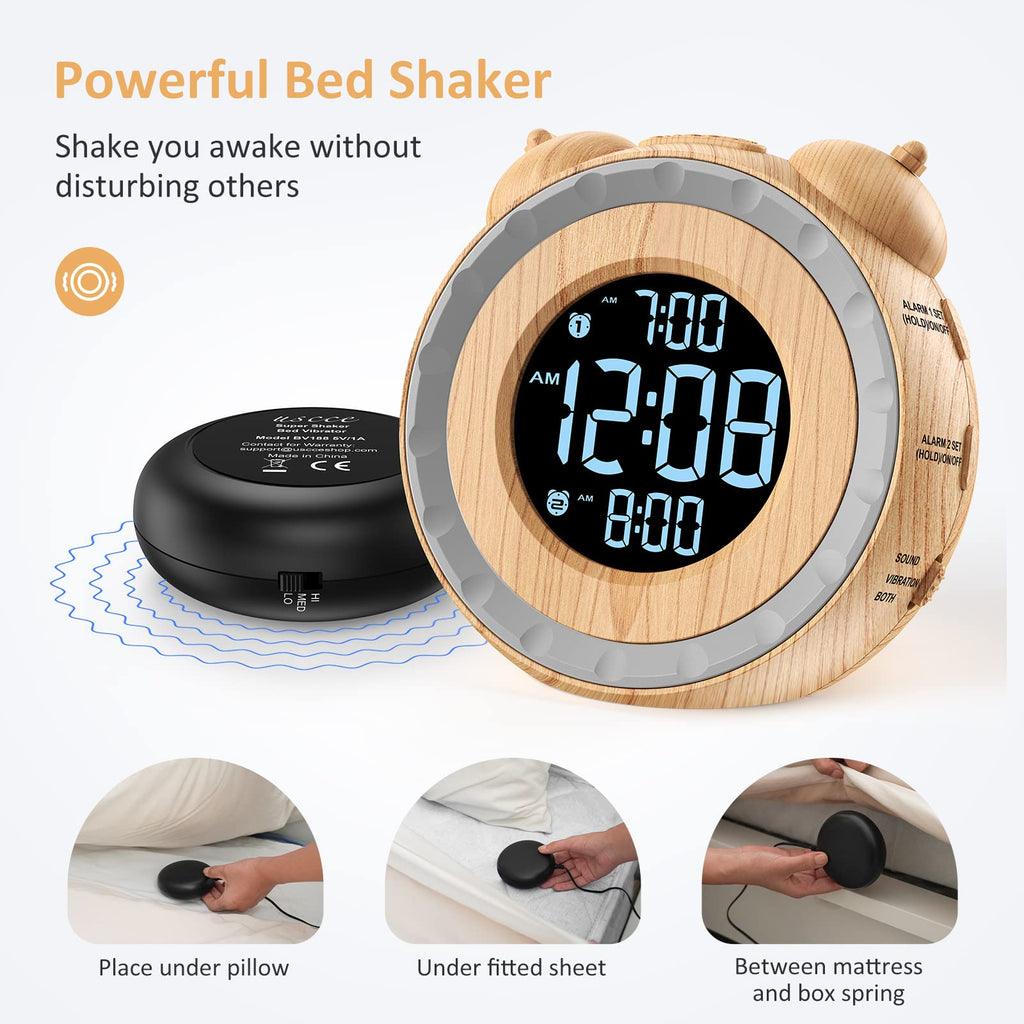 uscce Loud Dual Alarm Clock with Bed Shaker - 0-100% Dimmer, Vibrating Alarm Clock for Heavy Sleepers or Hearing Impaired, Easy to Set, USB Charging Port, Snooze, Battery Backup