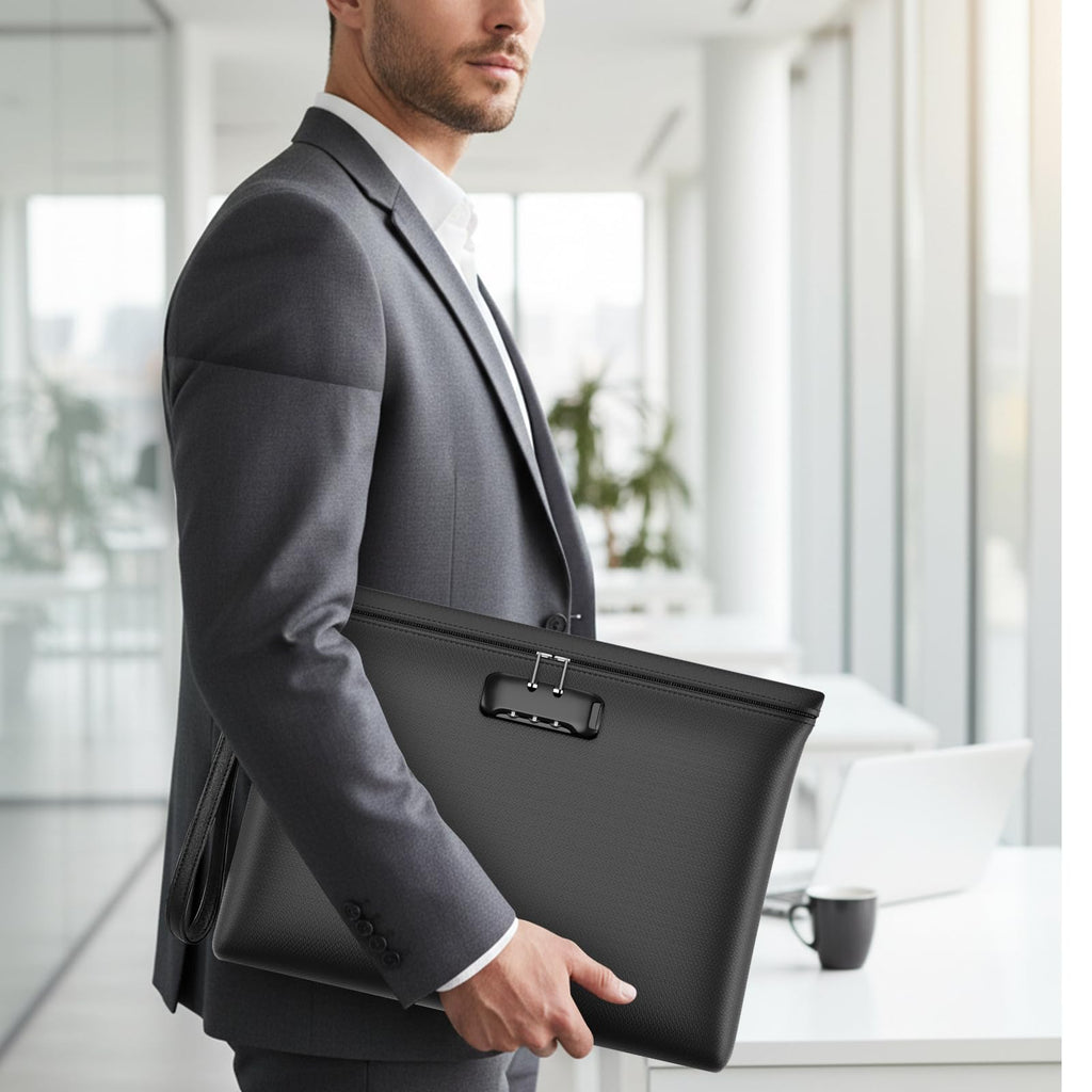 Fireproof Money Bag with Lock, 11.2"x7.6" Fireproof Cash Bag with Zipper Closure, Storage Pouch for A5 Size Document, Cheque, Cash, Cell Phone, Tablet, Credit Card, Passport, Jewelry (Black)