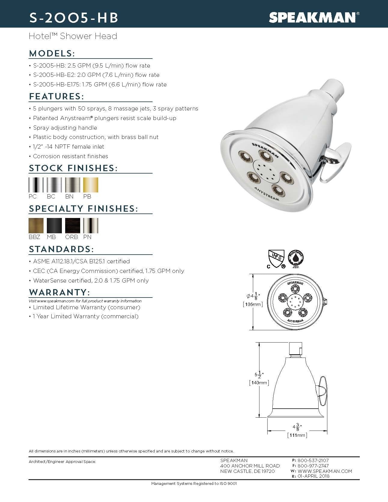 Speakman S-2005-HB-BC Hotel Anystream High Pressure 2.5 GPM Adjustable Shower Head, Brushed Chrome