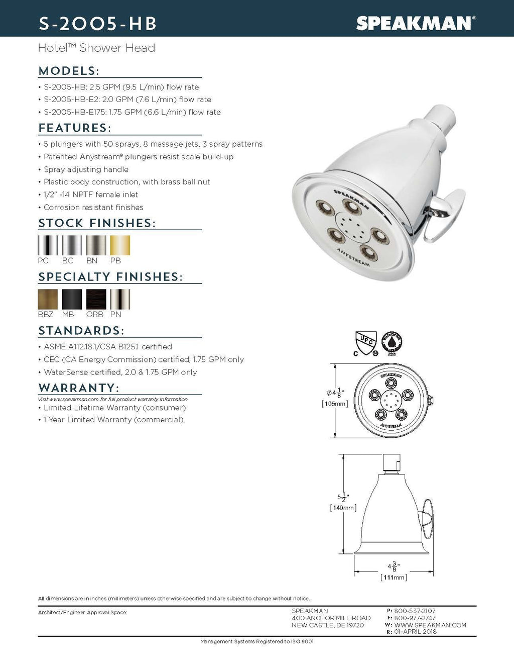 Speakman S-2005-HB-BC Hotel Anystream High Pressure 2.5 GPM Adjustable Shower Head, Brushed Chrome