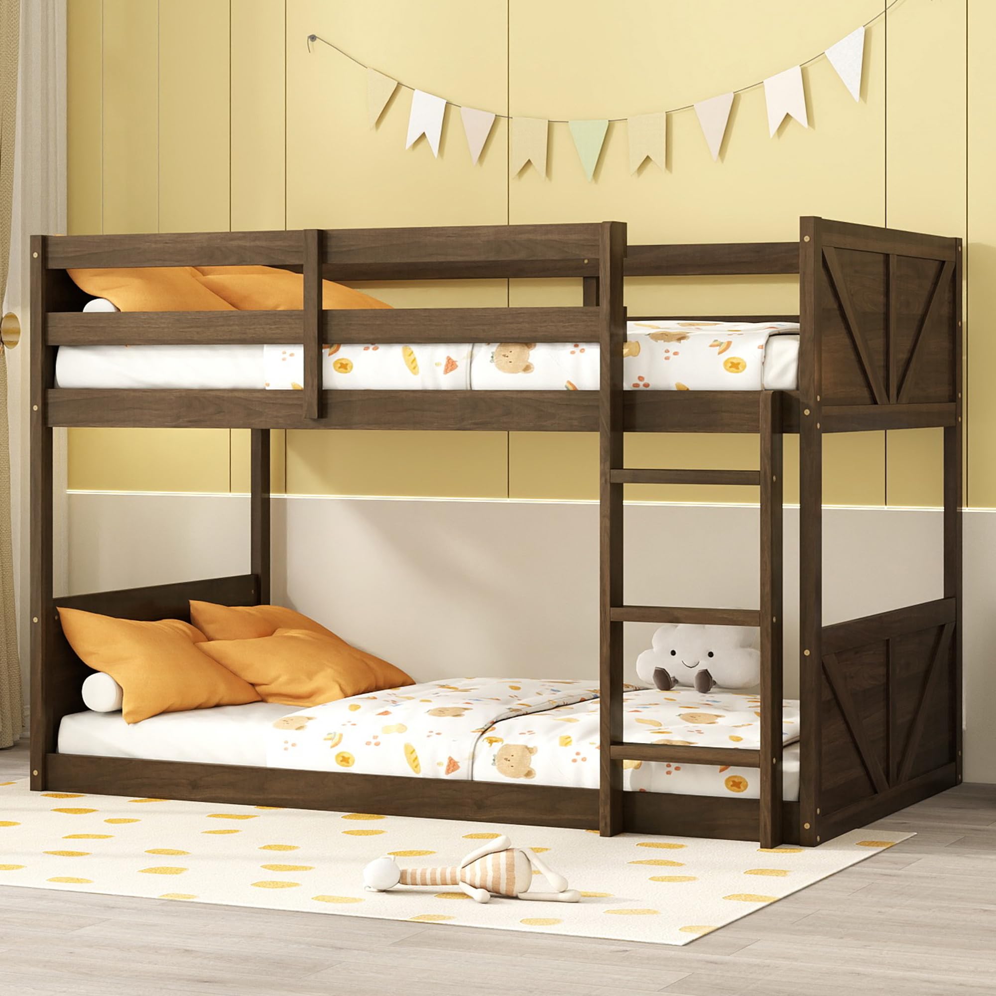 Bunk Bed Twin Over Twin, Wood Low Profile Floor Twin Bunk Beds with Headboard Ladder Guardrails for Kids Boys and Girls, No Box Spring Needed
