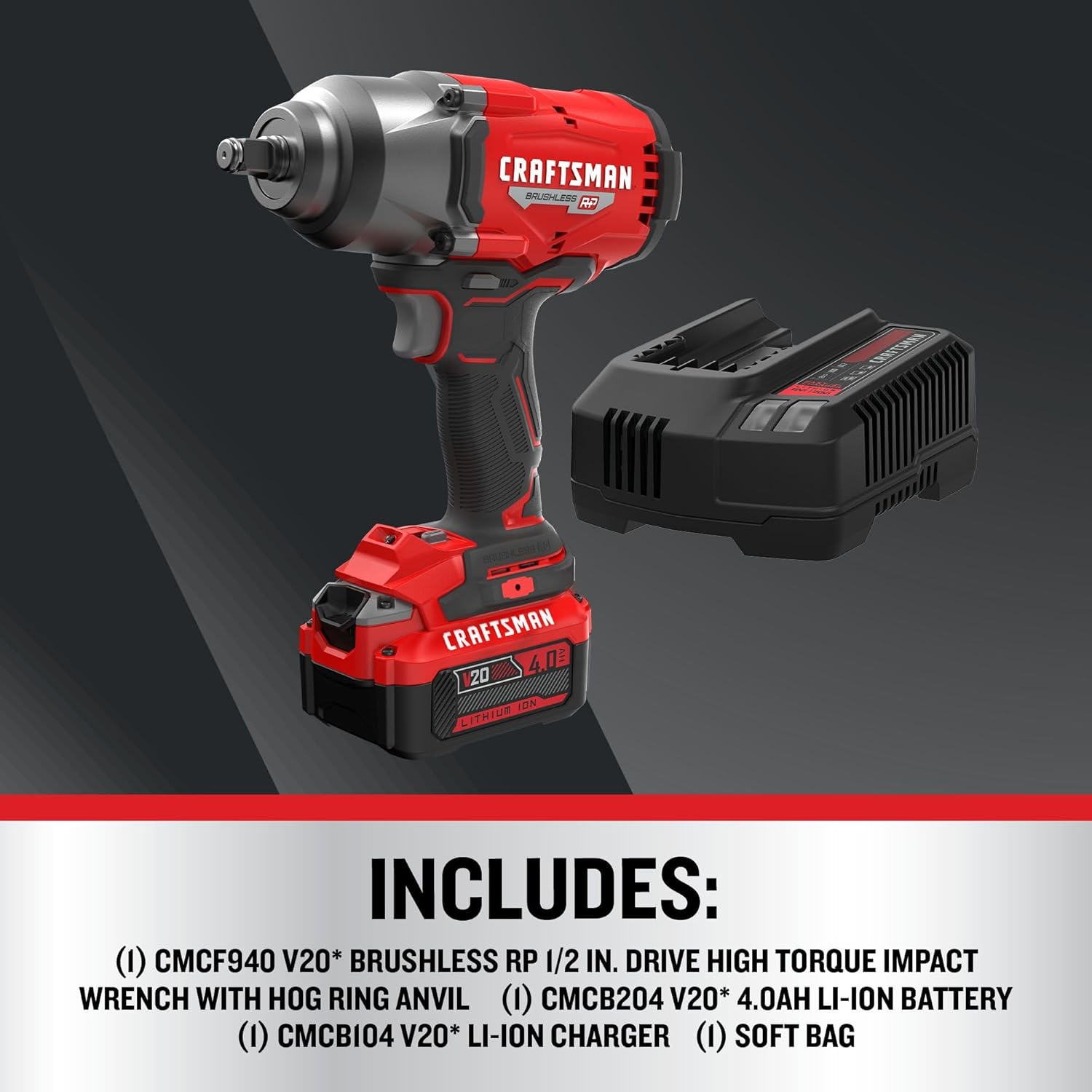 CRAFTSMAN V20 RP Impact Wrench, Cordless, Brushless, High Torque, 1/2 Inch, 4Ah Battery and Charger Included (CMCF940M1)