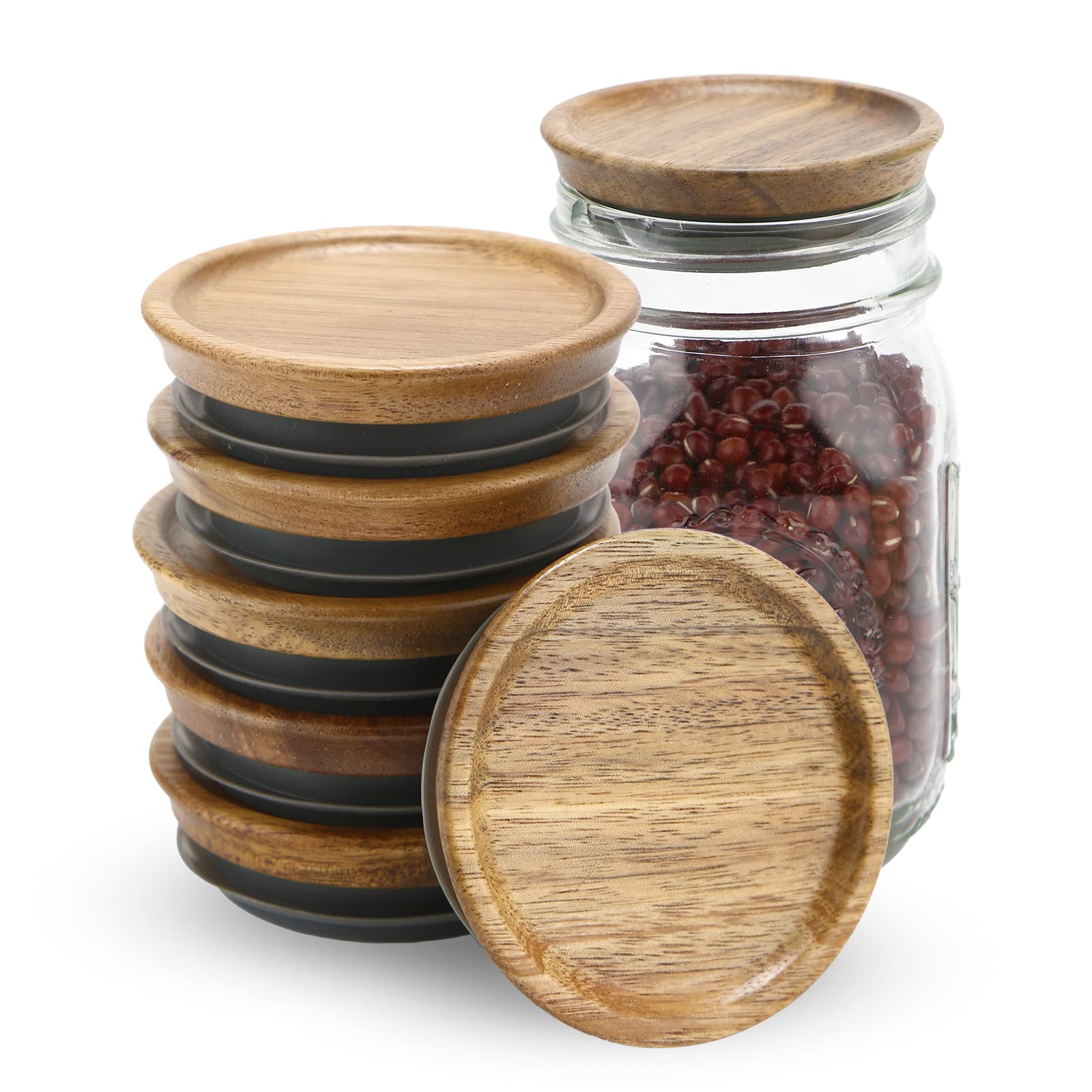 6 Pack Wide Mouth Mason Jar Lids Reusable canning lids Acacia Wooden mason jar Lids with Airtight Silicone Seal, Brown (6PCS Wide Lids)