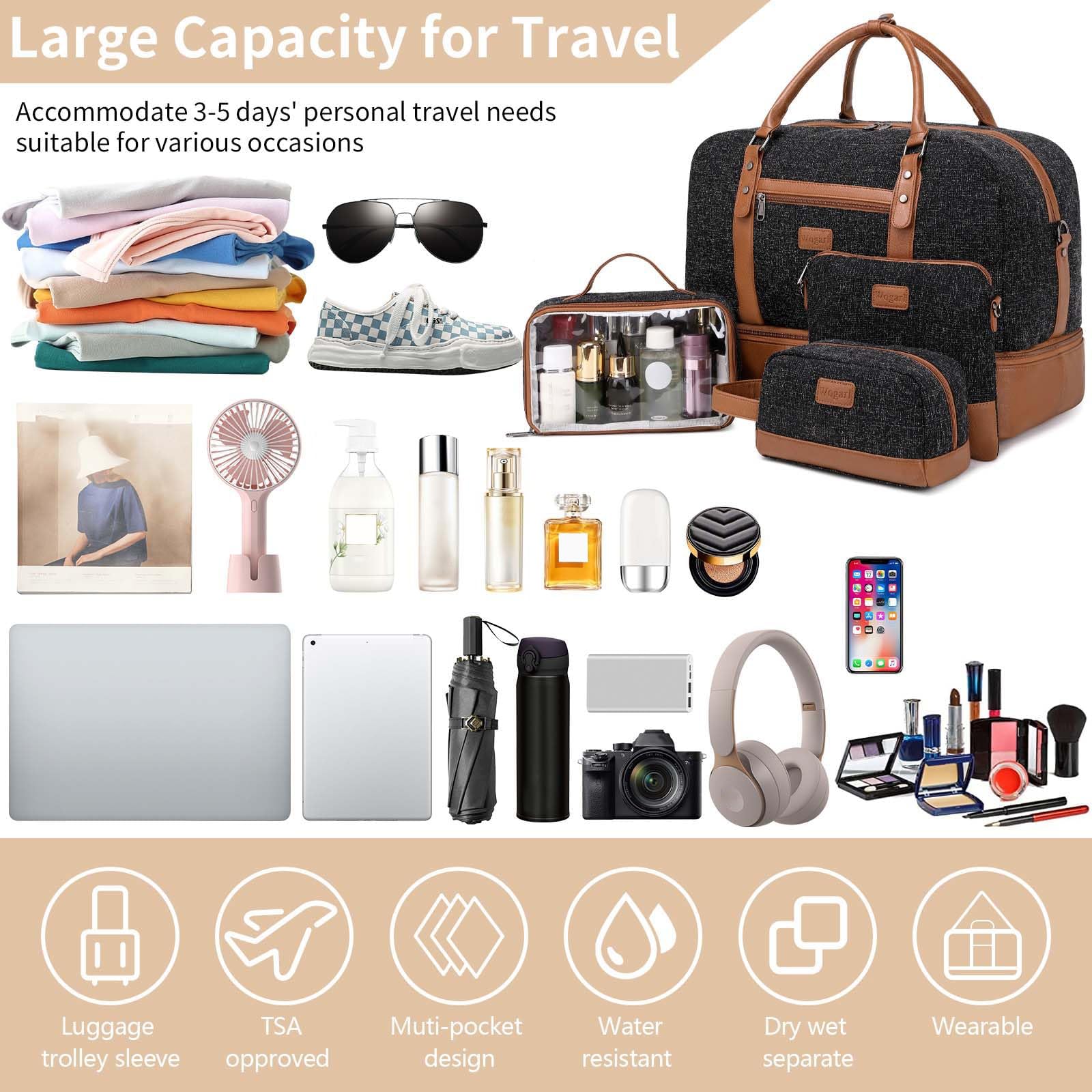 Wogarl 4PCS Weekender Bags for Women Large Overnight Weekend Travel Duffel Carry on Shoulder with Shoe Compartment Canvas Toiletry Bag for Travel Business Gym