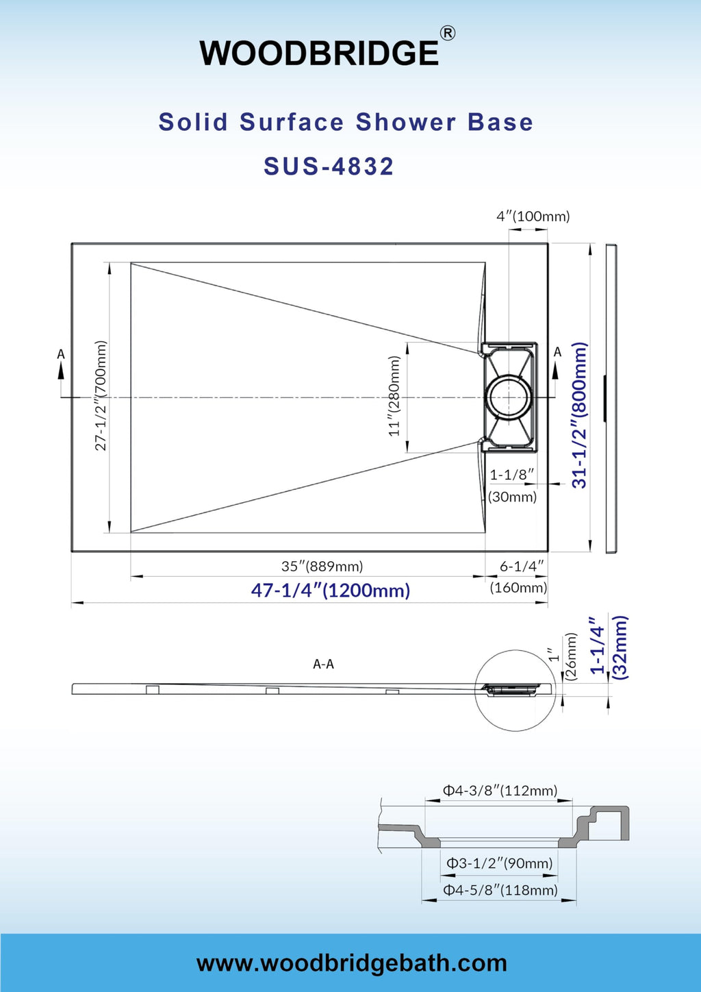 WOODBRIDGE 47.25 in L x 31.5 in W Zero Threshold Shower Base with Center Drain, Decorative Drain Plate, Tile Flange, Wheelchair Access, Low Profile, Black