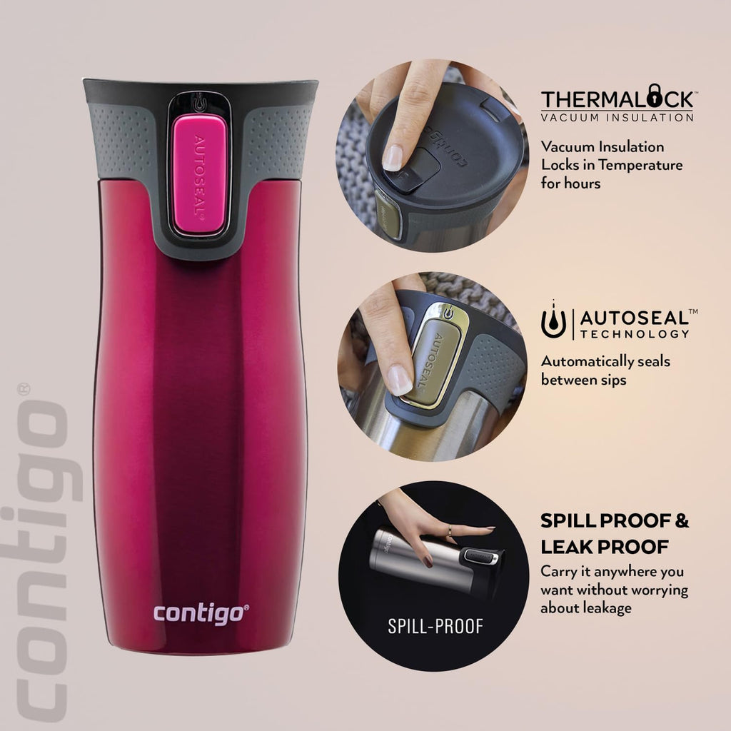 Contigo West Loop Autoseal Travel Mug, Stainless Steel Thermal Mug, Vacuum Flask, Leakproof Tumbler, Coffee Mug with BPA-Free Easy-Clean Lid