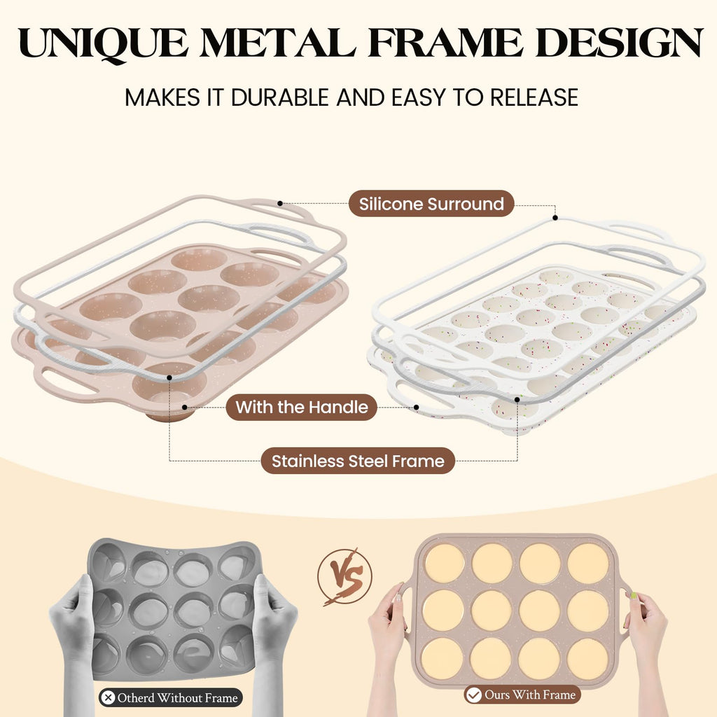 Vinino Silicone Muffin Pans for Baking with Metal Reinforced Frame, 12 Cups Regular Size Nonstick Brown Silicone Cupcake Pan, BPA Free Oven Dishwasher Safe Baking Mold for Muffins Cupcakes