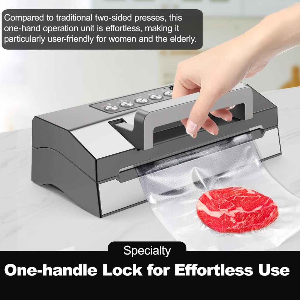 Powerful Suction Vacuum Sealer Machine,Commercial Fully Automatic Food Vacuum Sealer with Double Heat Seal,Dry & Moist Modes,Built-in Cutter,Bags Storage,Easy-Lock Handle,Include 2 Bag Rolls (Black)