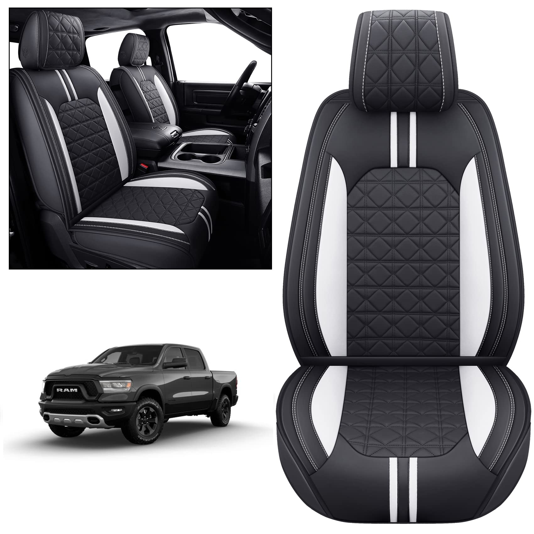 YIERTAI Dodge RAM Seat Covers Fit for 2009-2023 2024 2025 2026 1500/2500/3500HD Pickup Front Seats Only Crew Double Cab Quad Cab Waterproof Leather Seat Covers(2 PCS Front only/Black)
