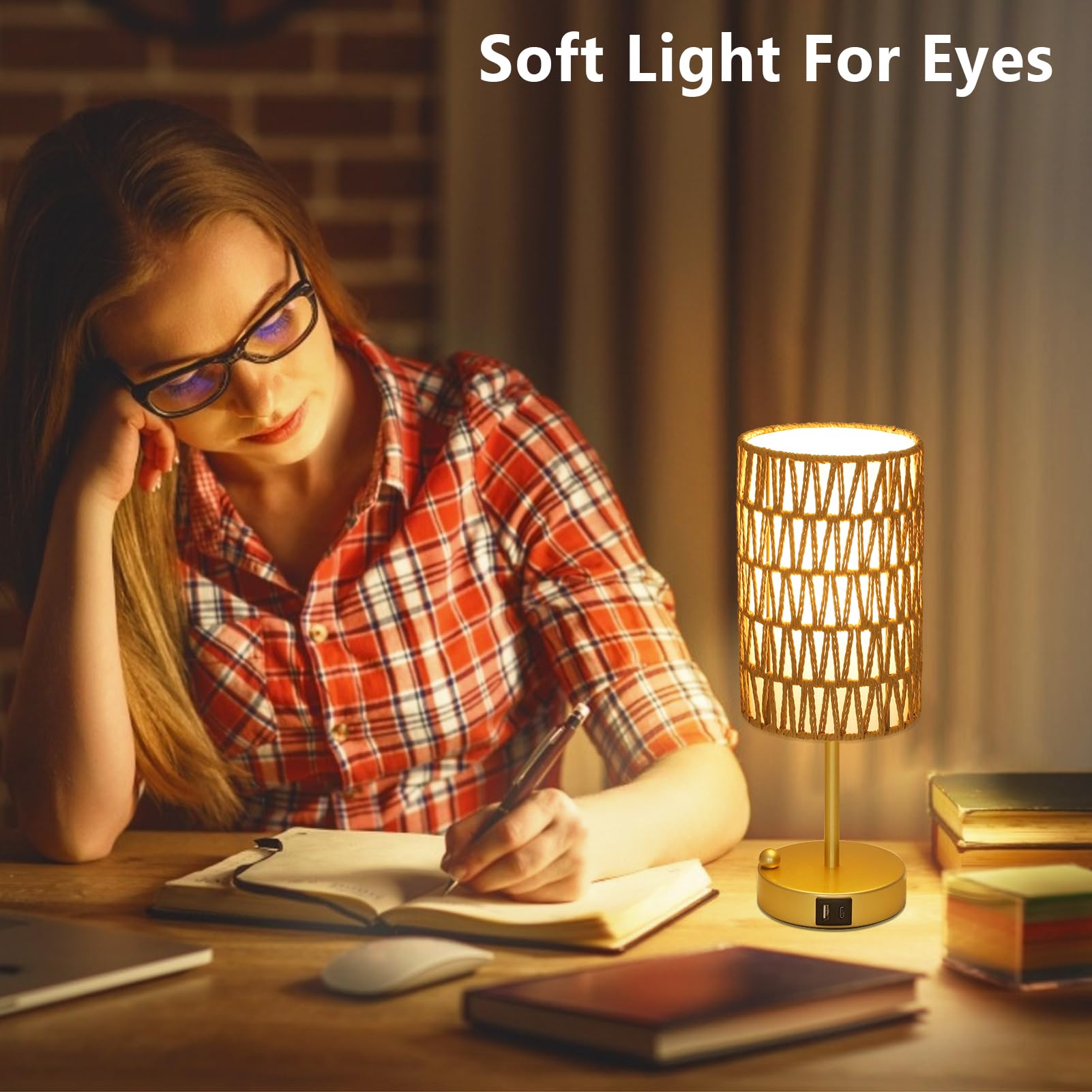 Rattan Bedside Table Lamps Set of 2 - Boho Lamps With 3 Color Temperatures & USB AC Port, Pull Chain Table Lamp For Bedroom, Cute Small Lamp For Nightstand Office Desk Bed Side End Table Living Room