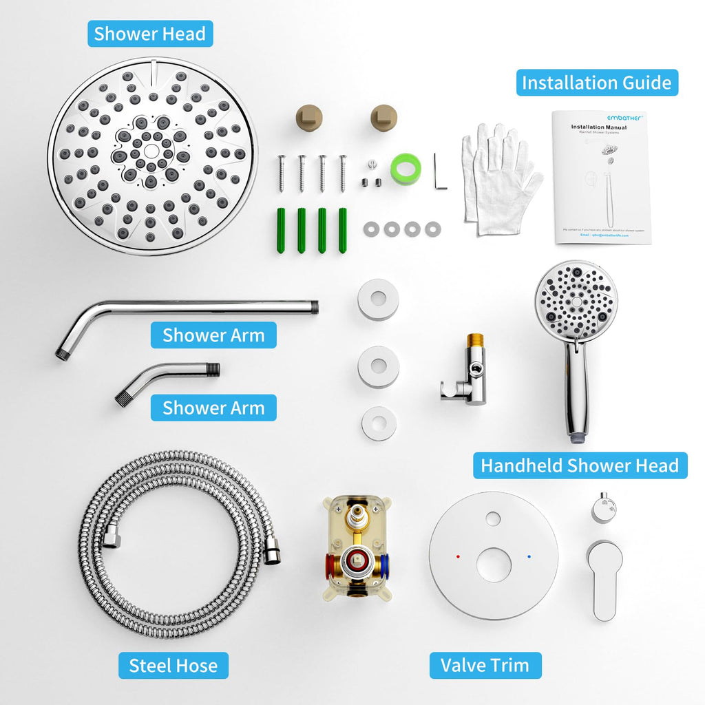 EMBATHER Shower Faucets Sets Complete, with 3 Setting High Pressure Shower Head Combo, Bathroom Wall Mounted Rainfall Shower System Fixtures with 8-Mode Handheld Spray, Brushed Nickel