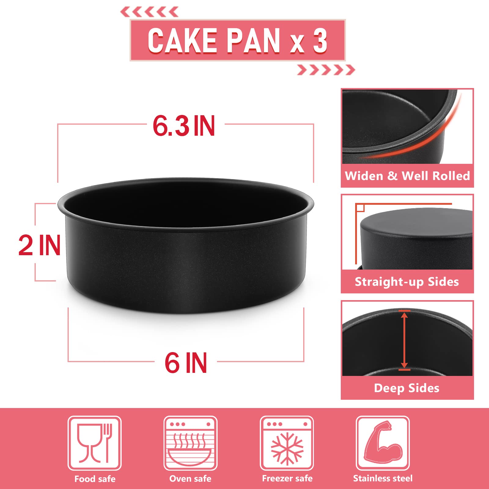 E-far 4 Inch Cake Pan Set of 3, Nonstick Stainless Steel Mini Round Cake Pans Tin, Small Size for Baking Smash Cakes/Cheesecake, Stainless Steel Core & Non-toxic Coating, Straight Side & 2 Inch Deep
