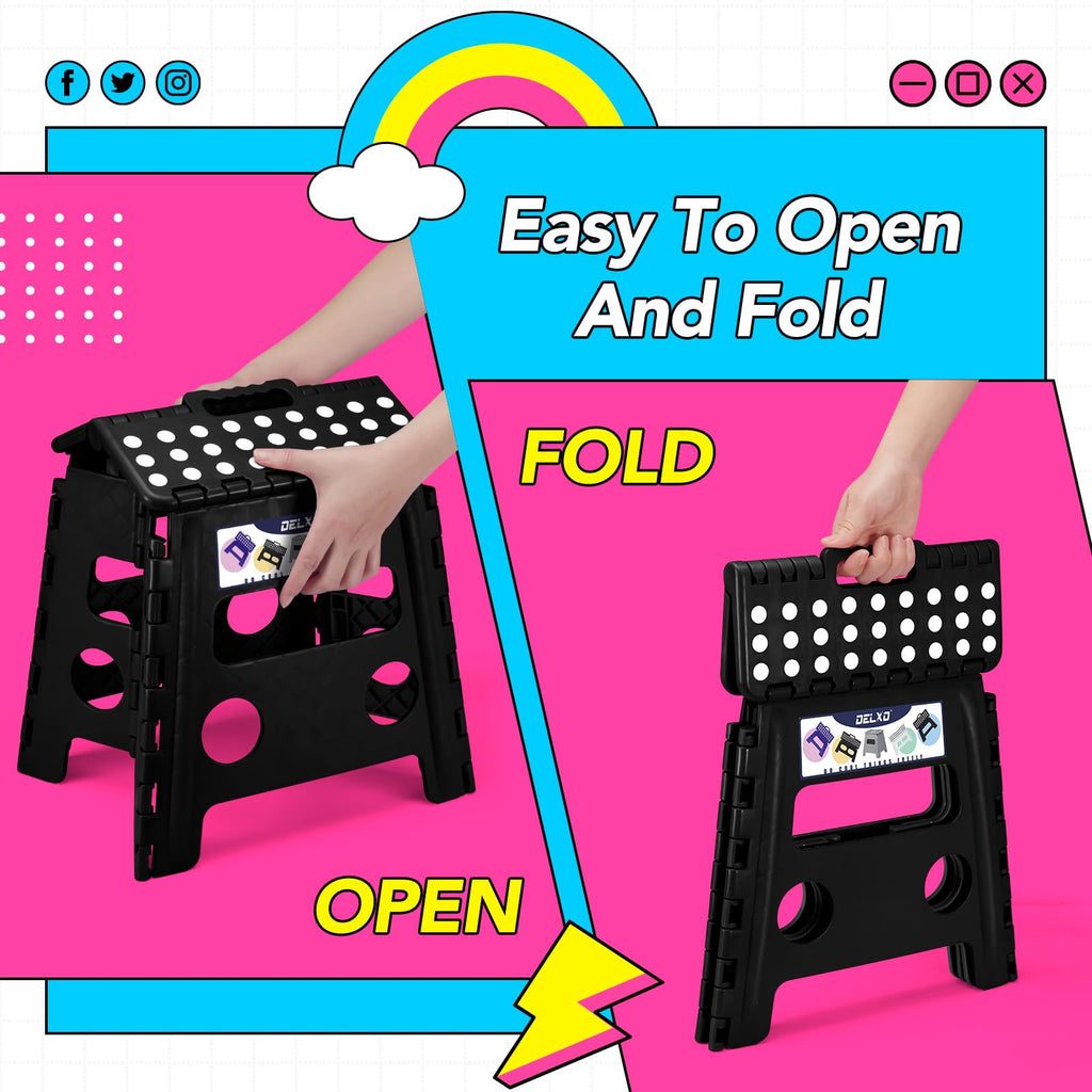Delxo 11 inch 2 Pack Folding Step Stool, Non-Slip Foldable Stools Up to 300 LBS, Step Stool with Handle, Lightweight Collapsible stools for Kitchen, Bathroom, Bedroom, Garden (Black)