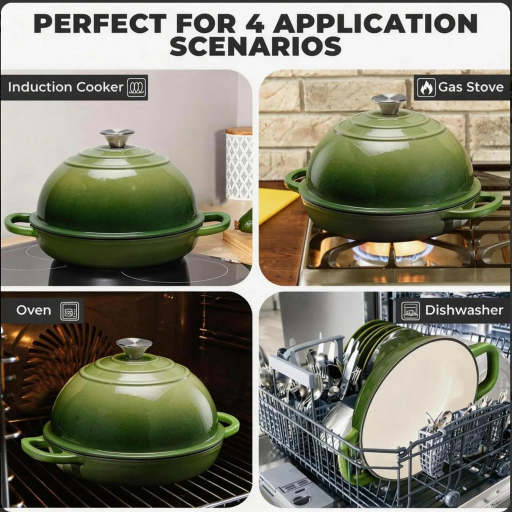 Cast Iron Bread Oven for Sourdough, 6Qt Bread Baking Pan with Lid, Enameled Sourdough Dutch Oven for Bread Baking, Oven Safe up to 482℉, Green