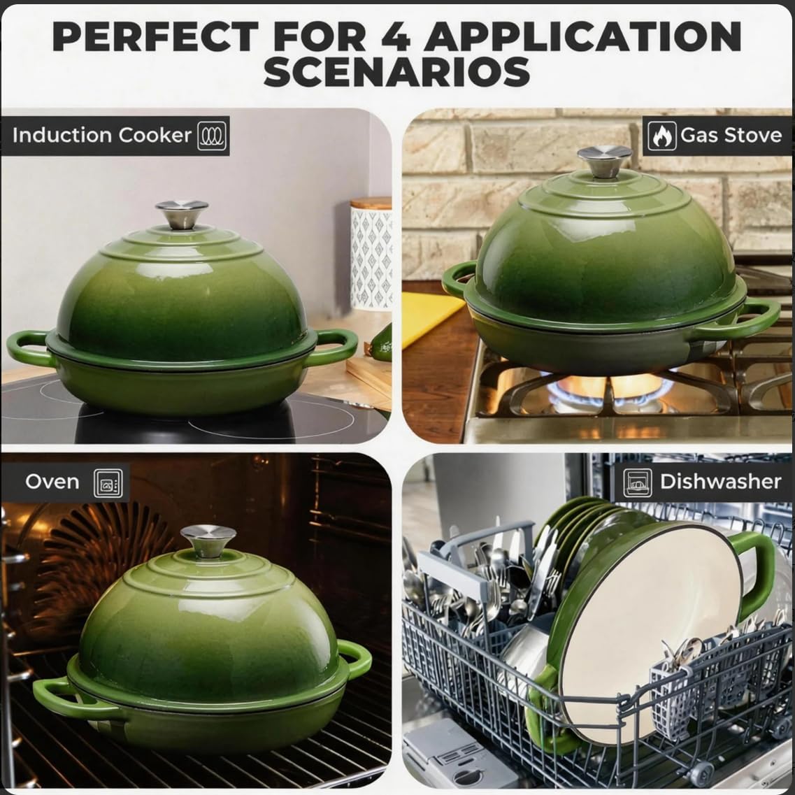 Cast Iron Bread Oven for Sourdough, 6Qt Bread Baking Pan with Lid, Enameled Sourdough Dutch Oven for Bread Baking, Oven Safe up to 482℉, Green