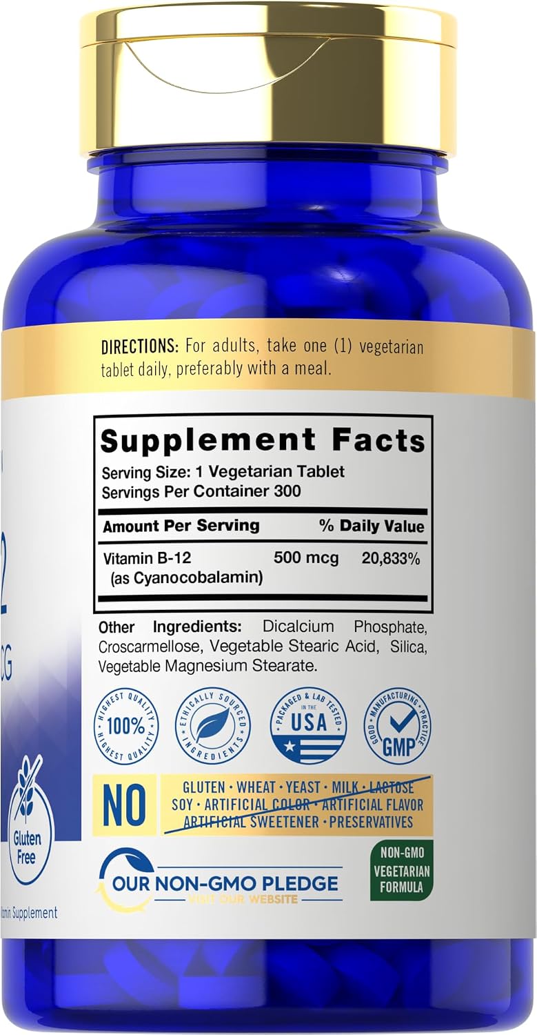 Carlyle Vitamin B-12 500mcg | 300 Tablets | Vegetarian, Non-GMO, Gluten Free Supplement