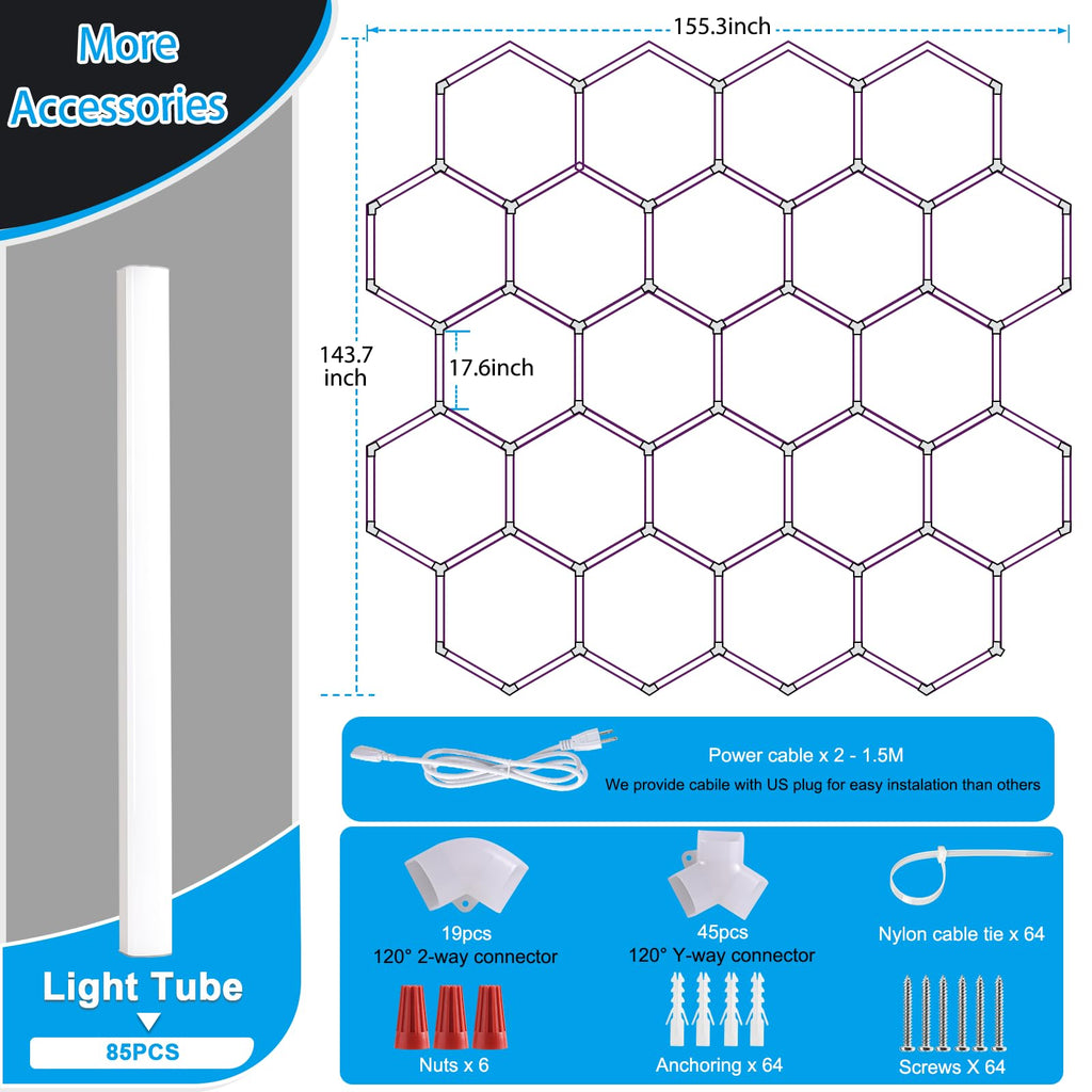 LZHOME LED Hexagon Garage Light: 12700LM Car Detailing Shop Light, DIY Splicing Ceiling & Wall Decor Lights, for Workshop Basement Gym Warehouse Bar Gaming Room