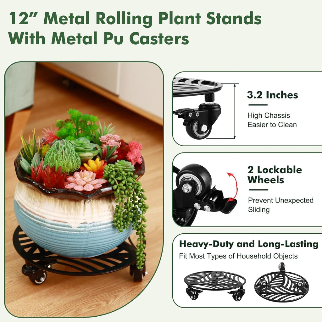 1 Pack 12 inches Large Metal Plant Caddy with 3 PU Metal Wheels Rolling Plant Stand with Casters Indoor Outdoor Wheeled Planter Roller Base Pot Movers Plant Dolly Coaster Trolley Black