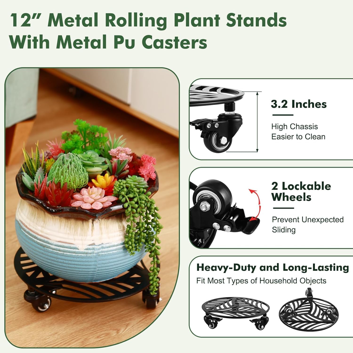 1 Pack 12 inches Large Metal Plant Caddy with 3 PU Metal Wheels Rolling Plant Stand with Casters Indoor Outdoor Wheeled Planter Roller Base Pot Movers Plant Dolly Coaster Trolley Black