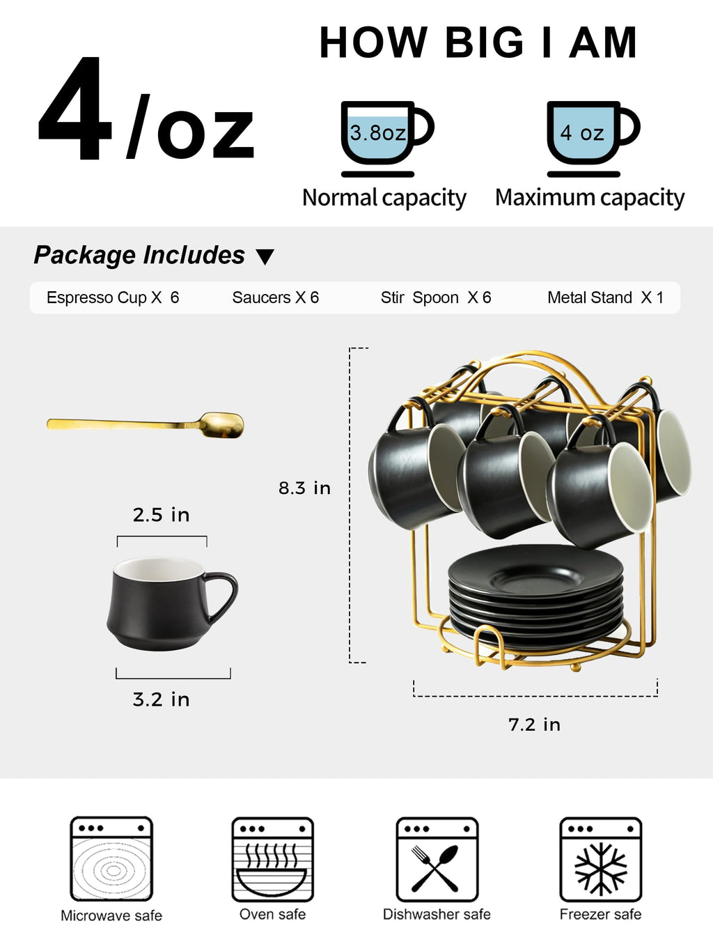 YHOSSEUN Ceramic Espresso Cups Set of 6, 4 OZ Expresso Shots Cup with Stand, Saucers & Spoons, Small Coffee Cup Demitasse Cups for Father's Day, Espresso Accessories for Machine, Black