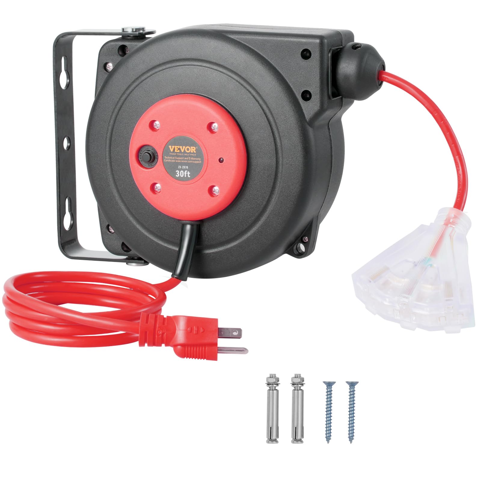 VEVOR Retractable Extension Cord Reel, 30 FT, Heavy Duty 16AWG/3C SJTOW Retractable Power Cord Reel with Lighted Triple Tap Outlet 10 Amp Circuit Breaker 4.5FT Lead-in Cord, for Ceiling or Wall Mount