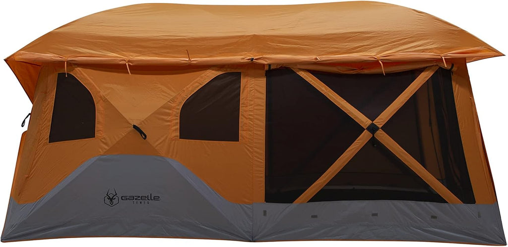 Gazelle T4 Plus Extra Large 4 to 8 Person Portable Pop Up Outdoor Shelter Camping Hub Tent with Rain Fly & Extended Screened in Sun Room, Orange