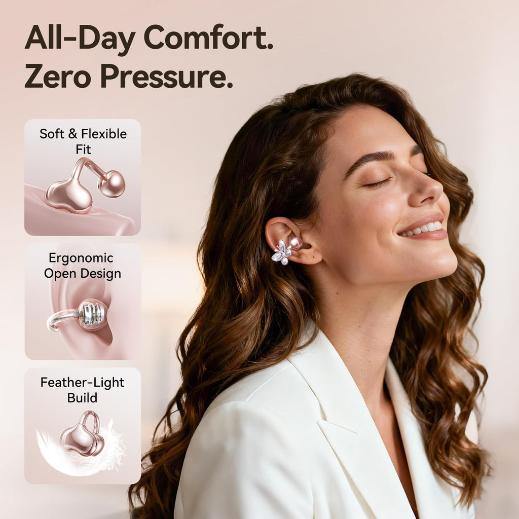 Kinglucky Jewelry-Inspired Clip-On Earbuds with Butterfly Earrings, Comfortable Fit & 40H Playtime Open Ear Bluetooth 5.4 Wireless Headphones for Women, Small Ears, Sports & Workouts (Black)