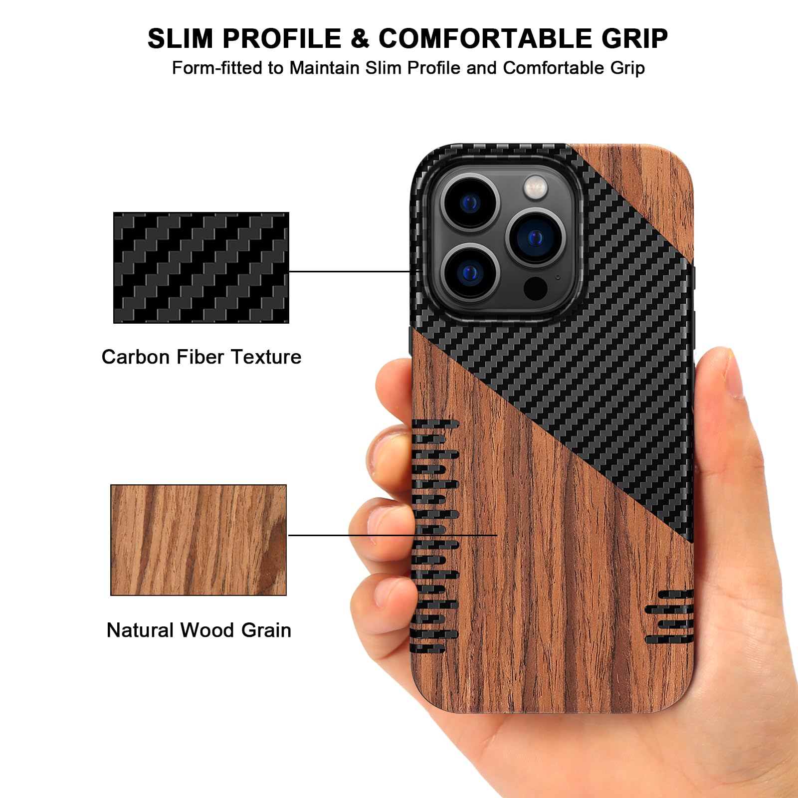 TENDLIN Compatible with iPhone 15 Case Wood Grain with Carbon Fiber Texture Design Leather Hybrid Slim Case (Black)