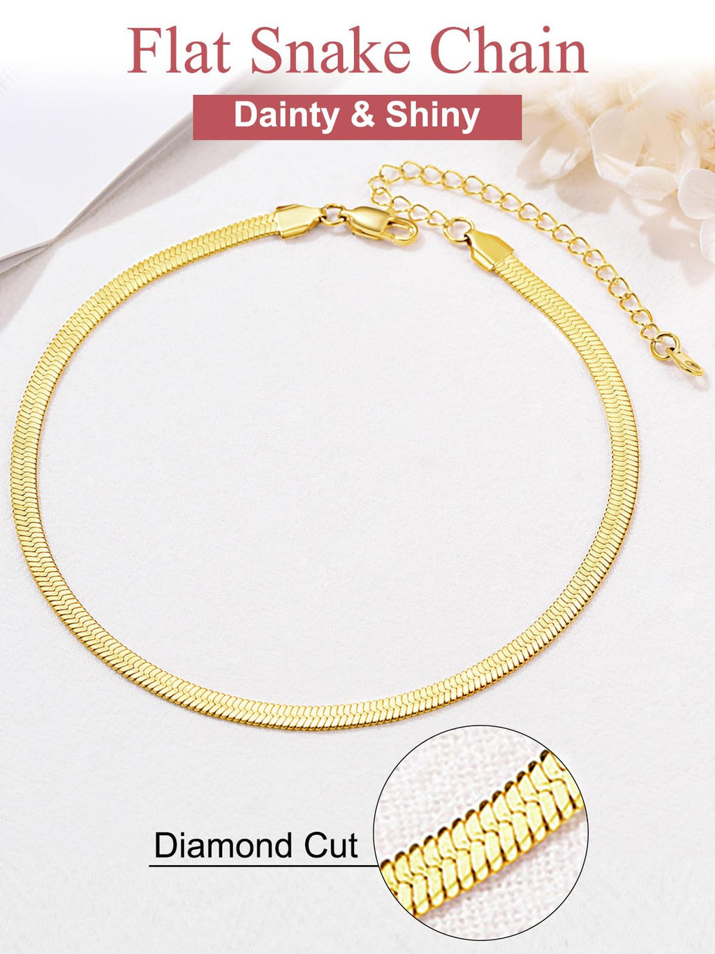 FOCALOOK 14K Gold Plated Necklaces for Women, Fashion Herringbone Choker Necklace Stainless Steel Flat Snake Chain 3/5MM(W) 12.5"/15"/18"+3.5"(L)