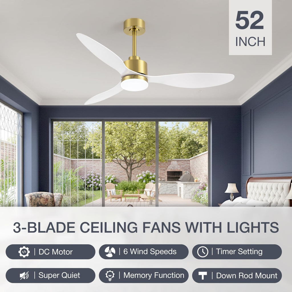 52" Ceiling Fans with Lights and Remote, Quiet DC Motor, 3 Reversible Blades, 6-Speed, Modern Industrial Black Ceiling Fan with 3-Color LED Light Fandelier for Bedroom Living Room