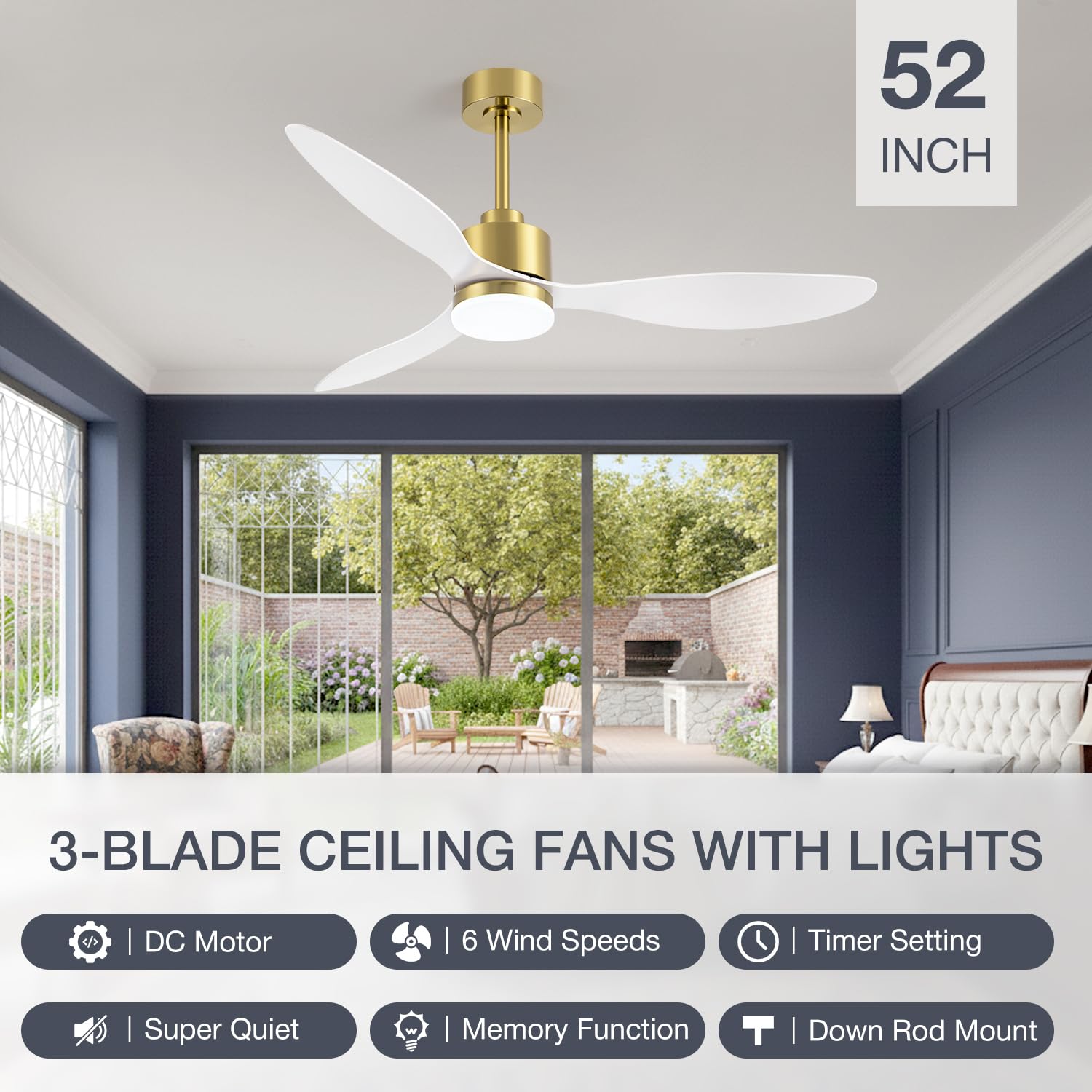 52" Ceiling Fans with Lights and Remote, Quiet DC Motor, 3 Reversible Blades, 6-Speed, Modern Industrial Black Ceiling Fan with 3-Color LED Light Fandelier for Bedroom Living Room
