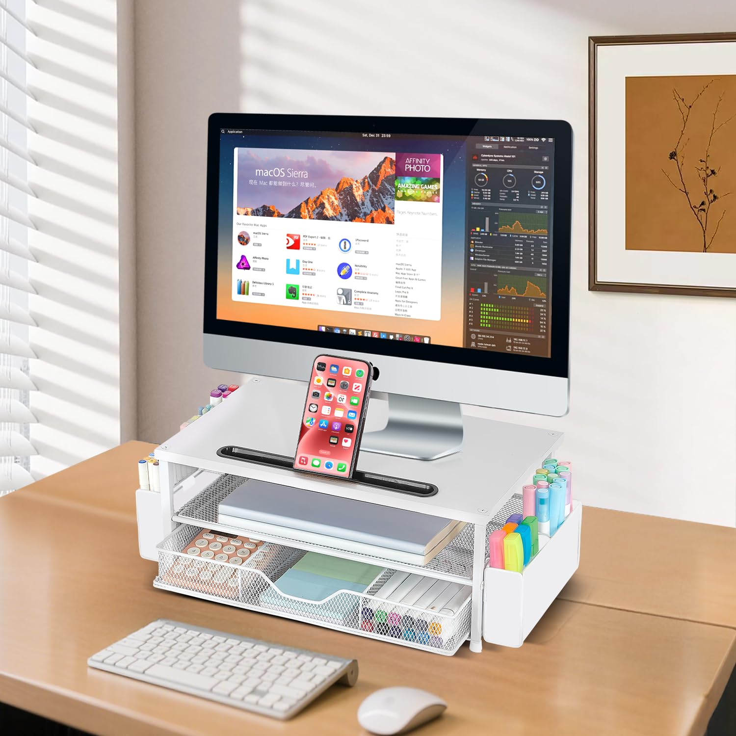 AUPSEN 2 Tier Computer Monitor Stands with Drawer and 2 Pencil Holder, Metal Monitor Stand Monitor riser, Computer Desk Organizer and Accessories for Laptop, Computer, Printer, Office Supplies(Black)