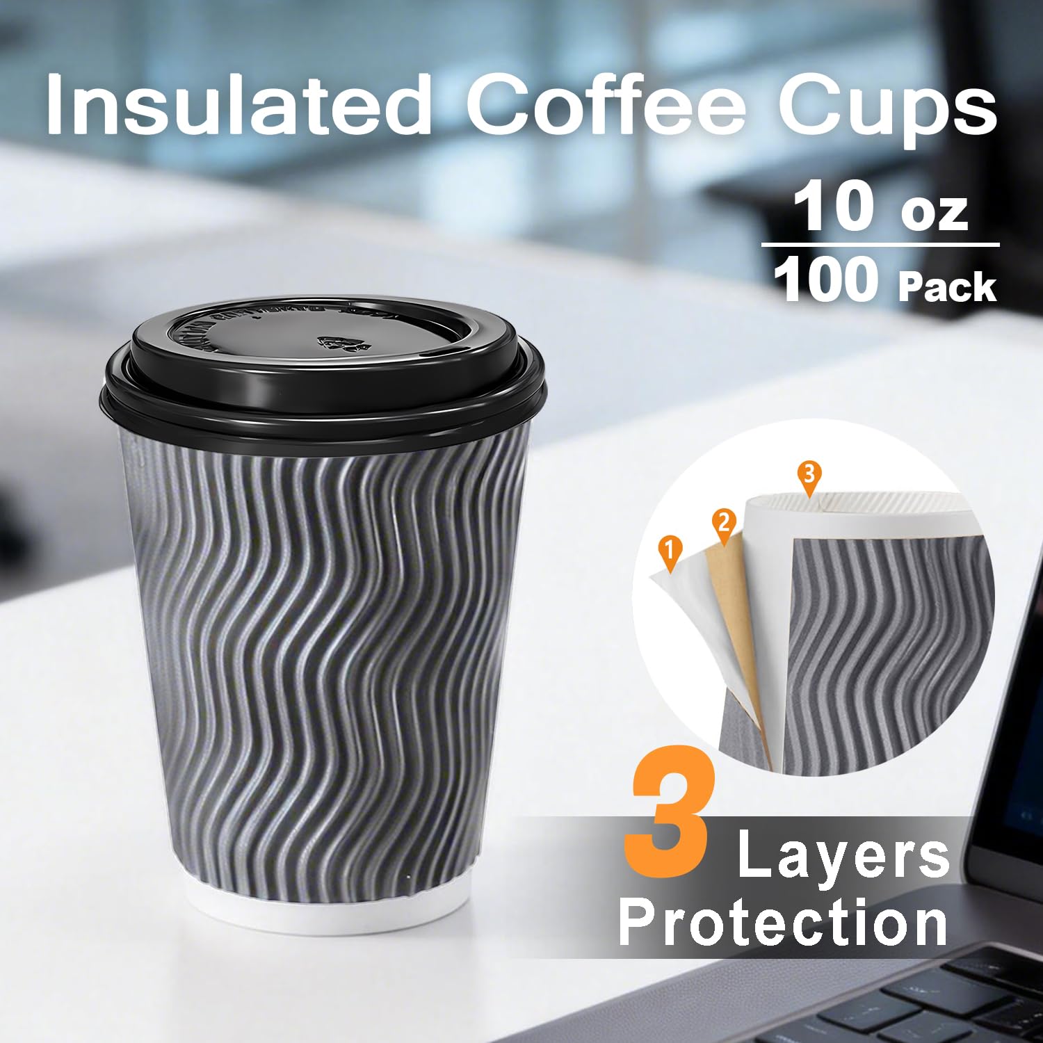 BYSNOW 100 Pack 10 oz Coffee Cups with Lids, Disposable Insulated Hot Cups To Go Paper Coffee Cups, Corrugated Ripple Wall Cup for Hot Drink, Office, Coffee Bar (Grey 10 oz)