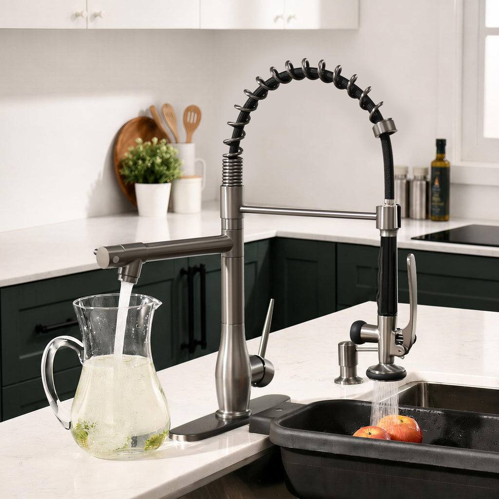 GIMILI Black and Gold Kitchen Faucet with Pull Down Sprayer Single Handle High Pressure Kitchen Sink Faucet Commercial Double-Headed Stainless Steel Kitchen Faucets