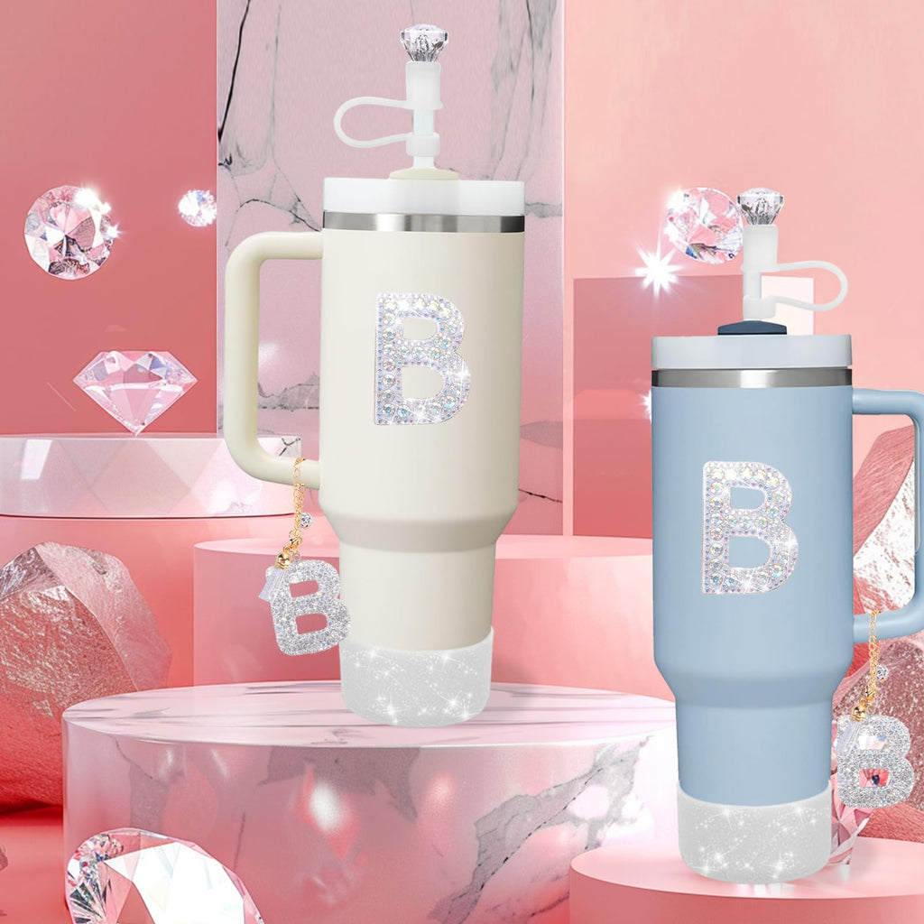 Mity rain Accessories Set for Stanley Cup, Initials Decorations for Tumbler Cup 30/40OZ, Including Diamond Straw Topper/Spill Proof Stopper/Sparkly Silicone Boot Set/Letter Charms for Handle A-Z (A-)