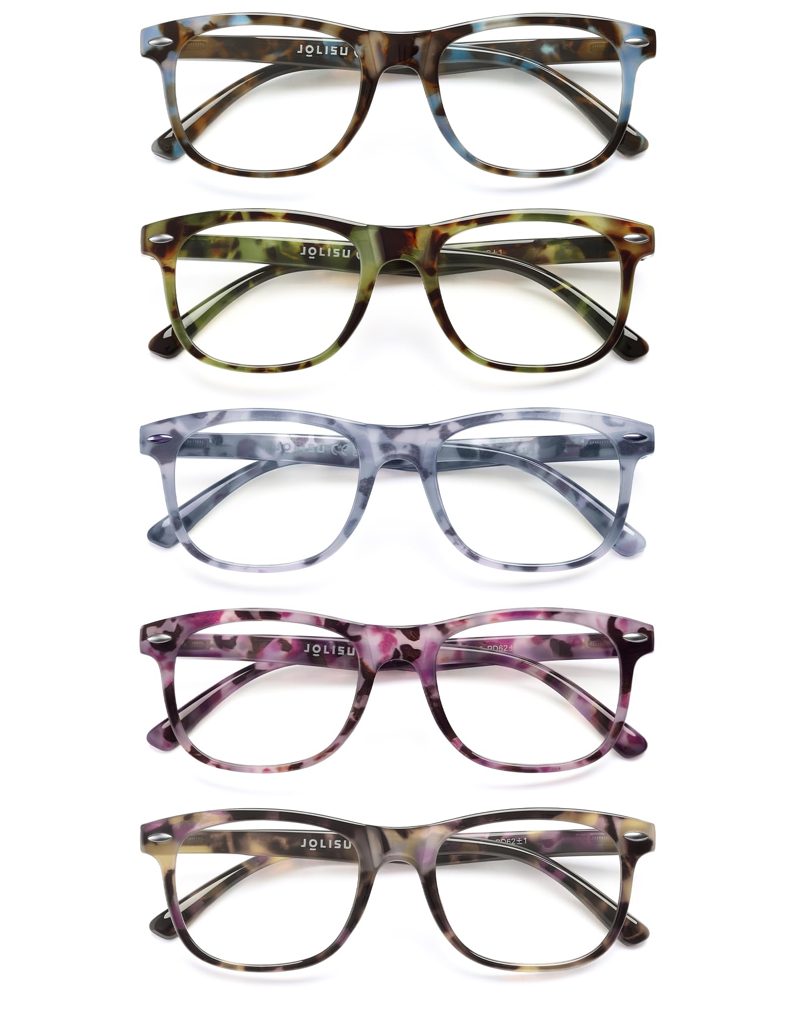 JOLISU Reading Glasses For Women - 5 Pack Stylish Readers For Womens Men Spring Hinge Eyeglasses -Blue Light Blocking Protection Frame (0.50)