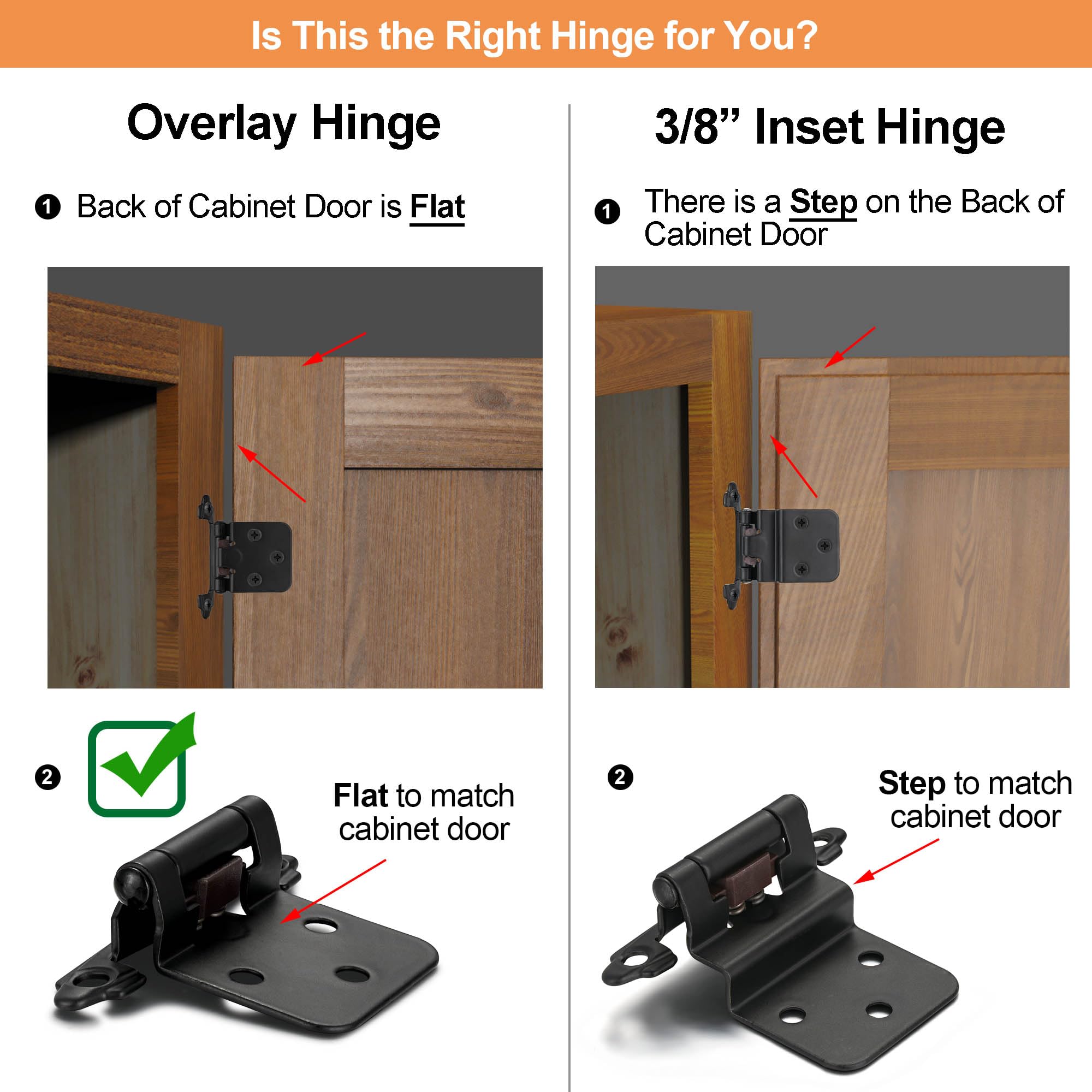 4 Pack (2 Pairs) Antique Brass Self Closing Cabinet Hinges for Kitchen Cabinet Door, 1/2" Overlay (Variable) Semi Concealed Kitchen Cabinet Hinges