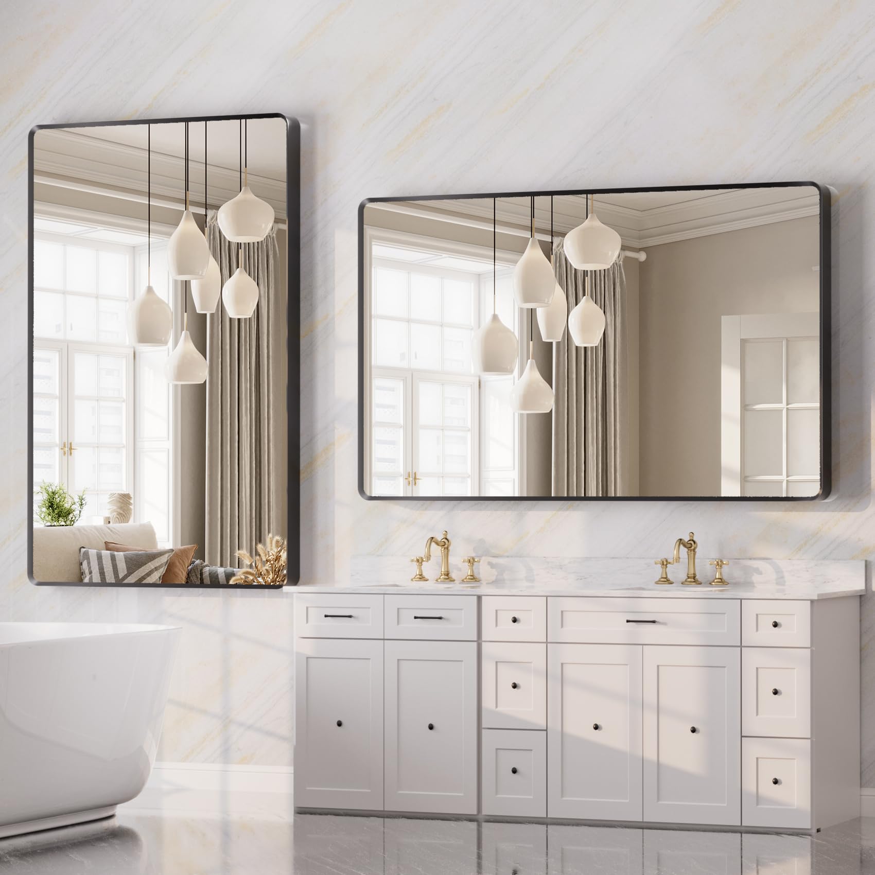 22x30 inch Gold Bathroom Mirror,Rounded Rectangle Gold Metal Framed, HD Tempered Glass, Horizontal or Vertical Hanging, Modern Bathroom Decor