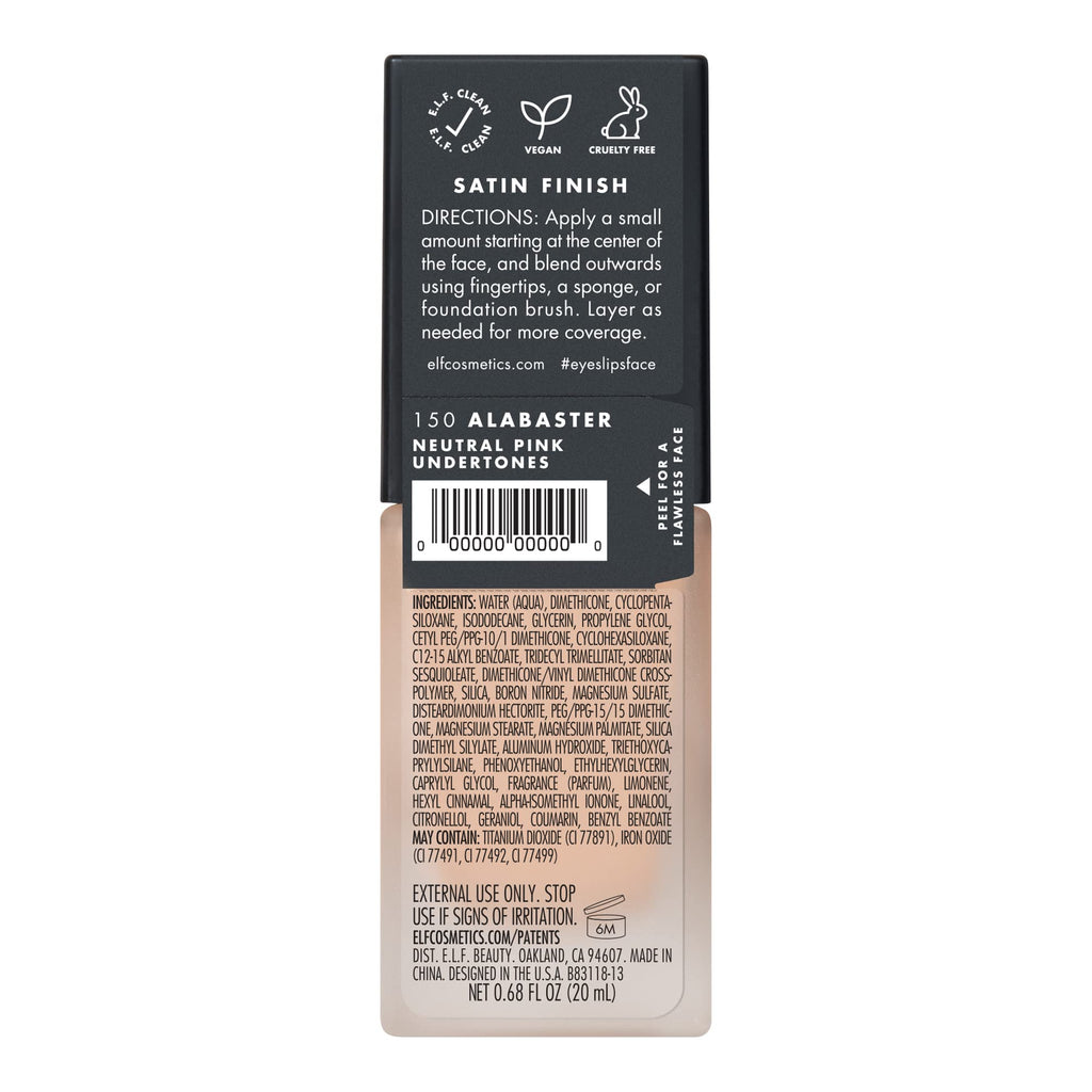 e.l.f. Flawless Satin Foundation, Lightweight & Medium Coverage, Semi-Matte Finish, Vegan & Cruelty-Free, Alabaster, 0.68 Fl Oz (20mL)
