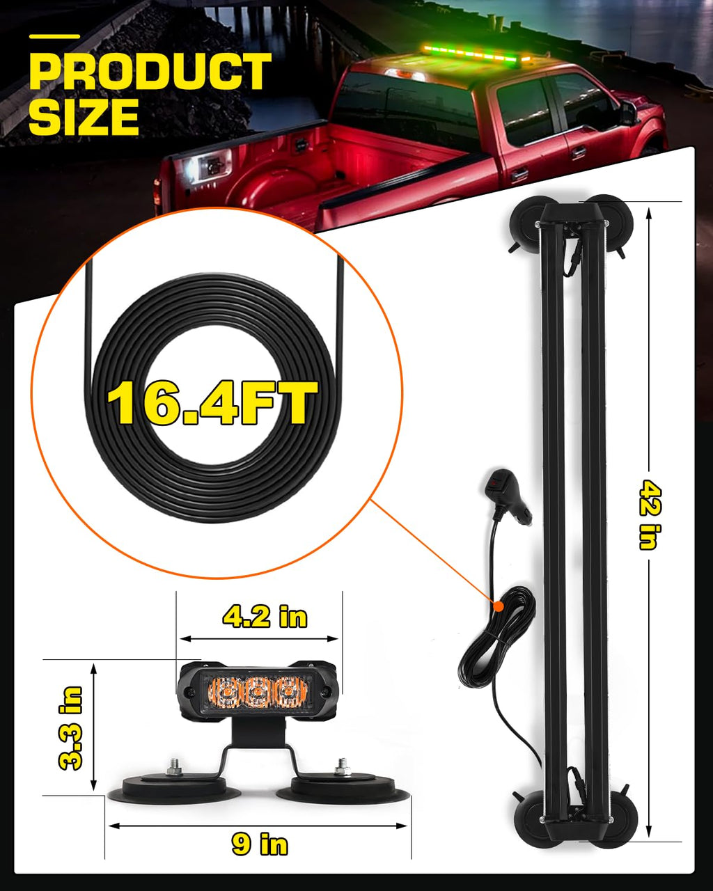 42" Roof Top Strobe Light Bar Amber White Emergency Traffic Advisor Lights, Double Side Warning Safety Flashing w/Magnetic Mount for Construction Vehicles Plow Trucks Pickup, Amber/White